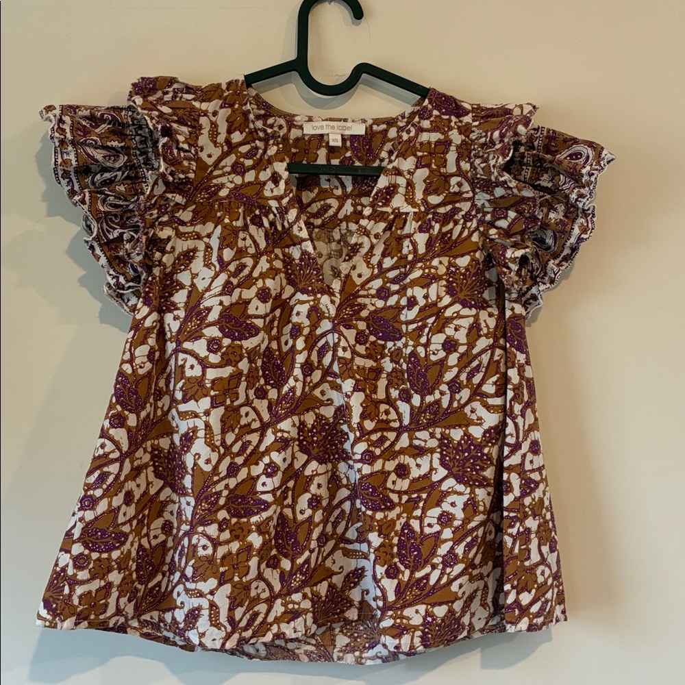 Anthro Love the Label Flutter Sleeve Floral Batik Cotton top XS no tassels